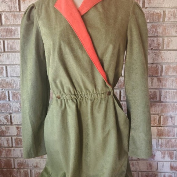 Vintage Green Wrap Dress Coral Trim Button Waist Pockets Long Sleeve Midi - Picture 4 of 6